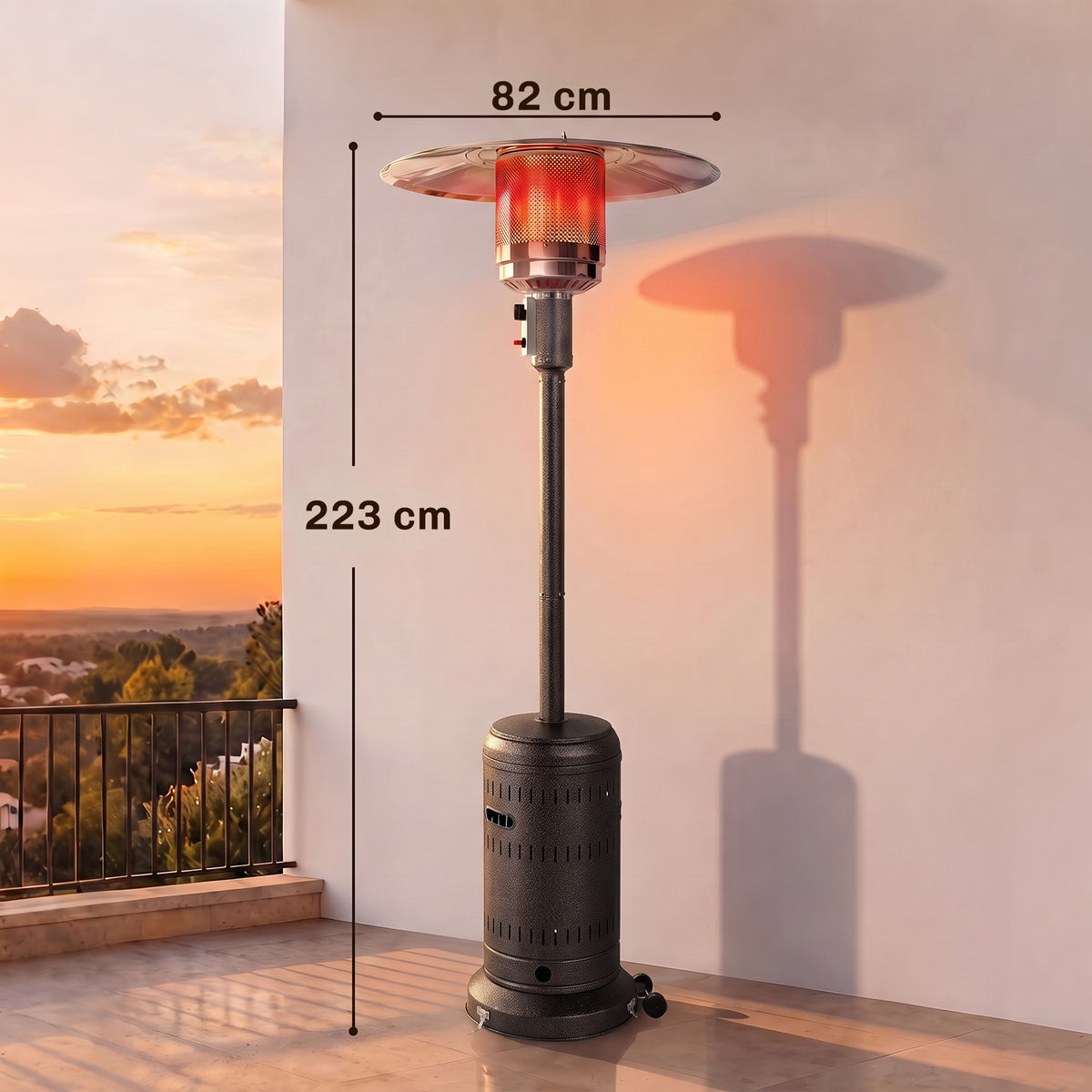 Riscaldatore da Esterno per Terrazzo Portatile 13 kW, Livelli di Calore Regolabili, Anti-Ribaltamento, 82x82x223cm, Marrone Scuro