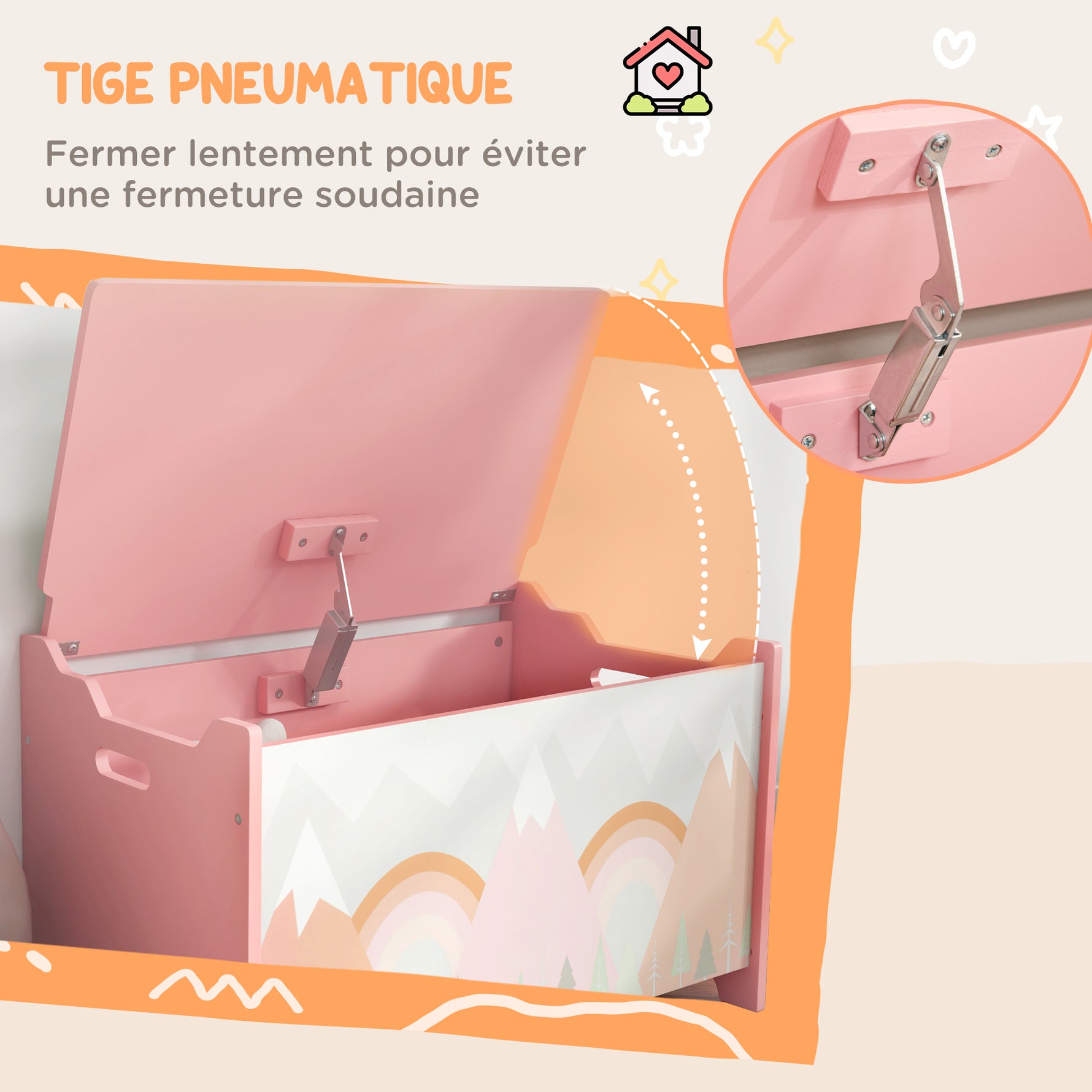 Coffre à jouet enfant coffre de rangement enfant couvercle rabattable motif de forêt coins arrondis 60 x 37 x 39 cm rose