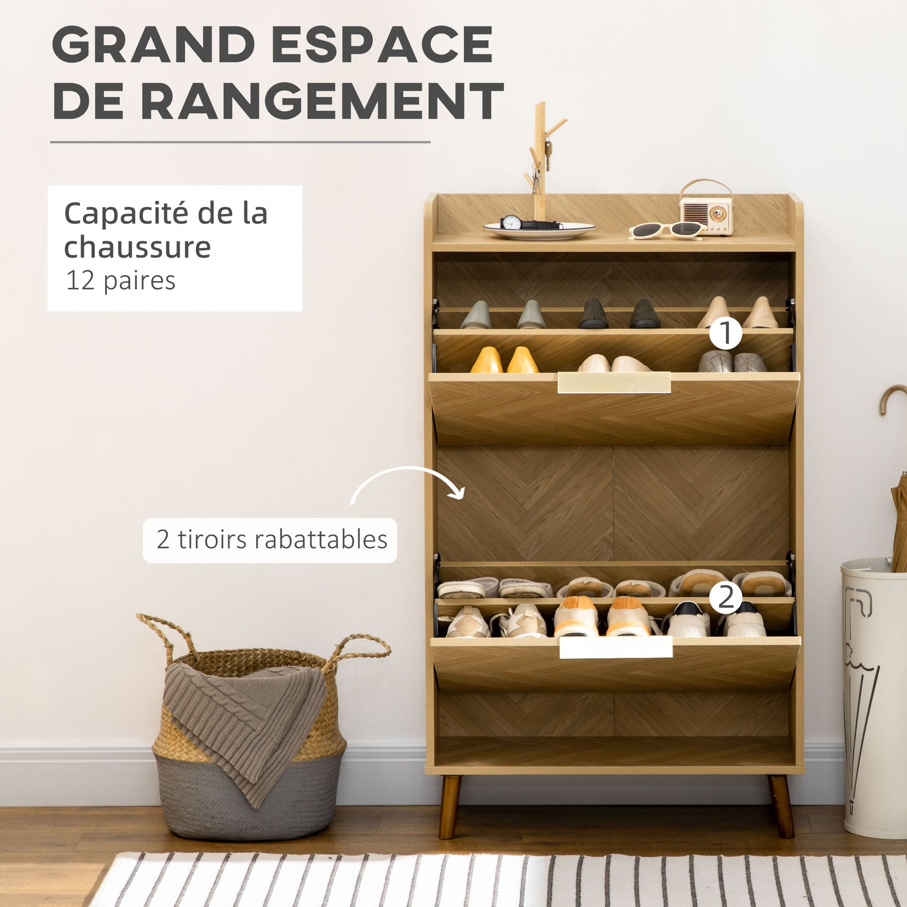Meuble à chaussures à 2 abattants pour petit entrée salon chambre 70 x 30 x 120 cm
