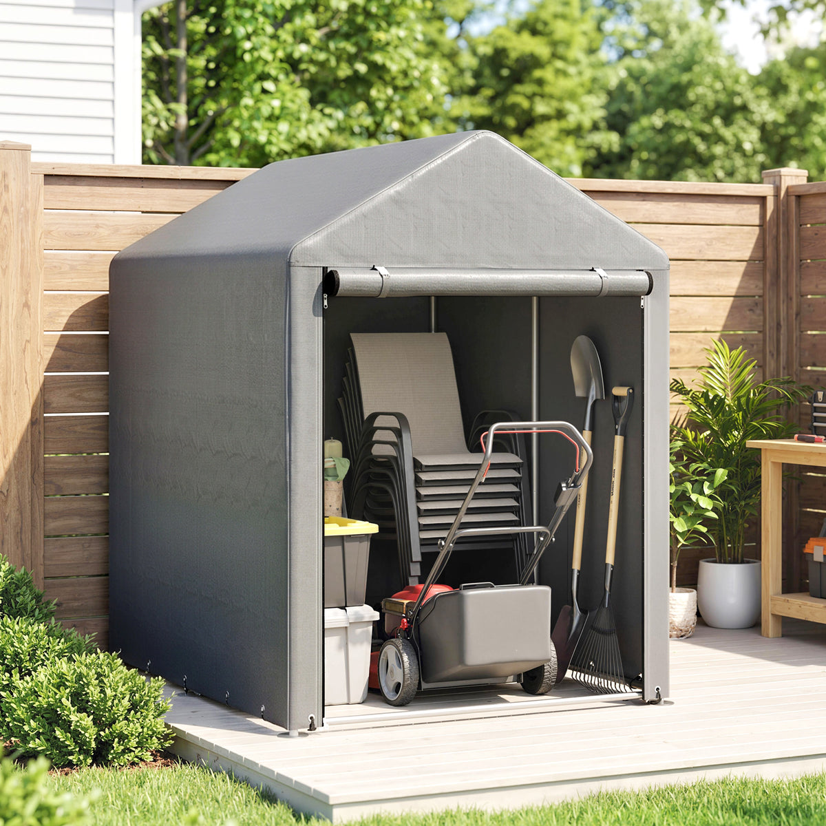 Capanno da giardino impermeabile con 2 scomparti, porta avvolgibile con cerniera, 120x179x165 cm, grigio chiaro