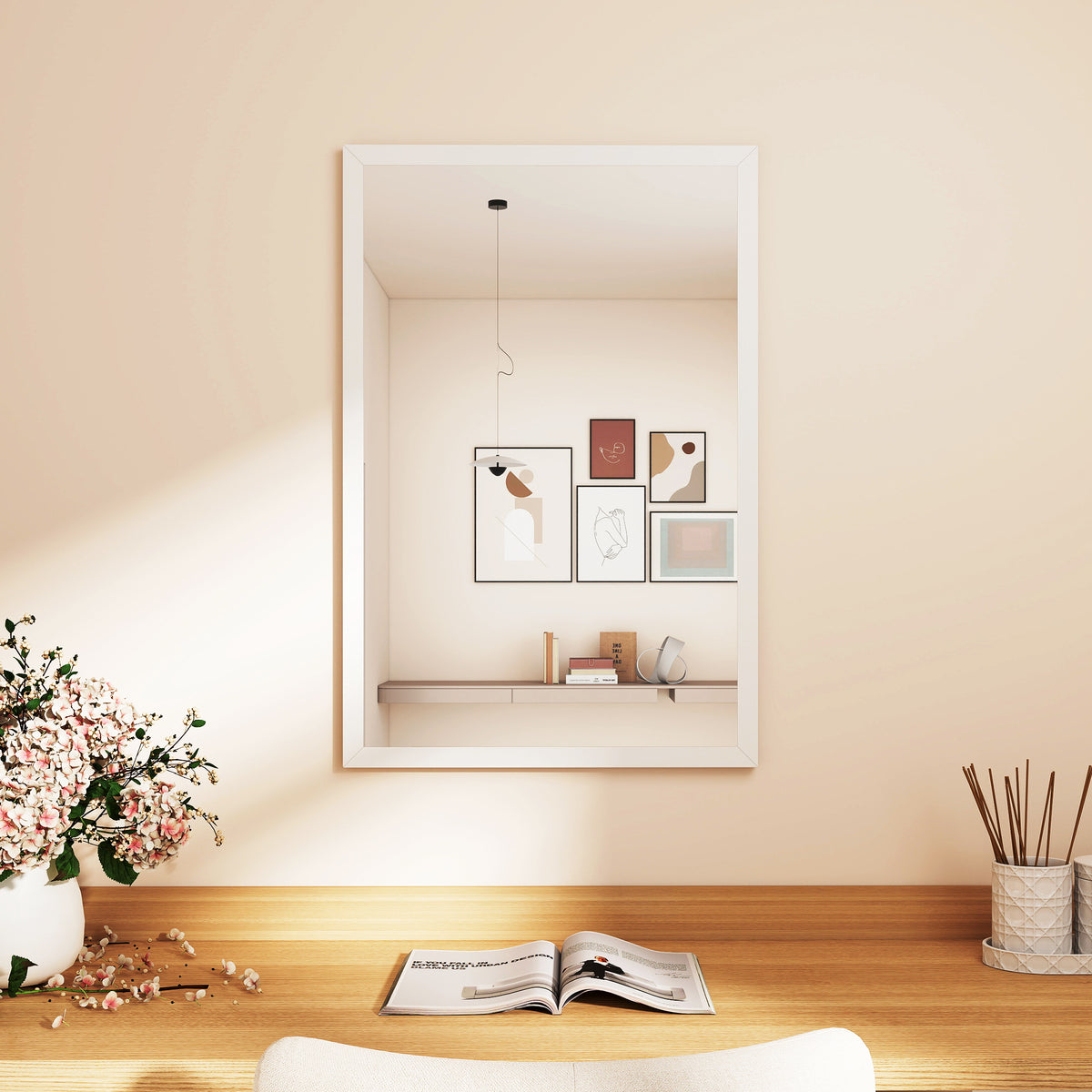 Miroir mural rectangulaire 60 x 40 cm, cadre en bois blanc, idéal pour la salle de bain, salon ou chambre