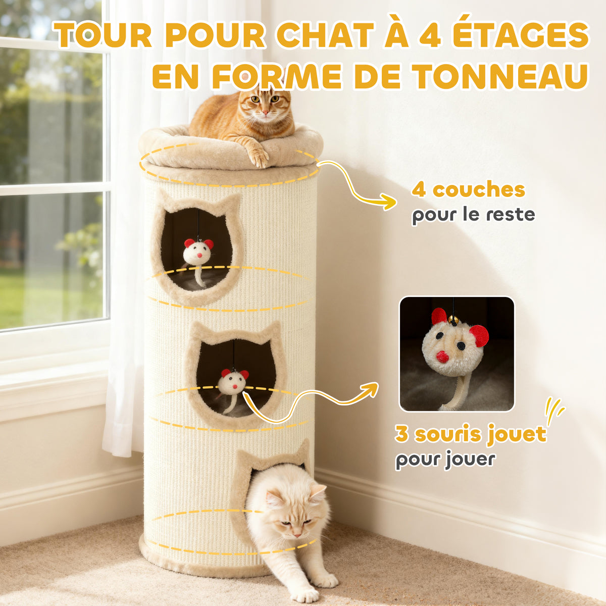 Tonneau à gratter, tour à griffer en sisal et bord en peluche, 3 niveaux avec plate-forme, stable, Ø 38 x 96 cm crème