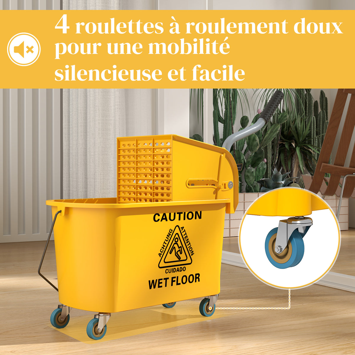 Chariot de ménage chariot de lavage essoreuse latérale seau 20 L, poignée et serpillère, 45 x 26,5 x 70 cm, jaune