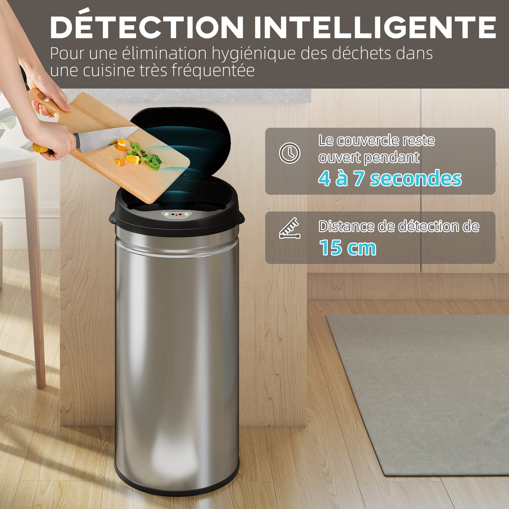 Poubelle cuisine automatique 42L acier inoxydable, poubelle à couvercle à fermeture en douceur, 30,5x30,5x68cm, argent