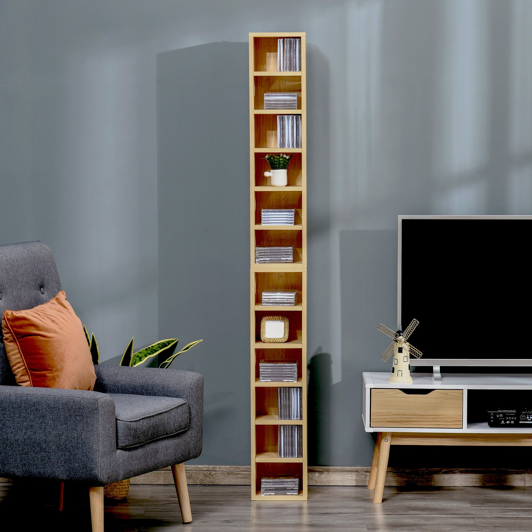 Lot de 2 étagères colonnes Armoire de Rangement CD-DVD 6 + 6 Compartiments dim. 21L x 19l x 88H cm capacité Max. 160 CD Naturel