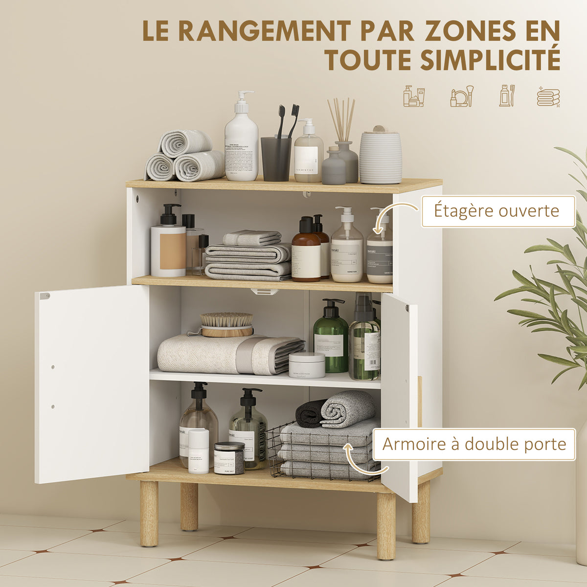 Mueble de baño, mueble de almacenaje con 2 puertas, compartimento abierto, estante ajustable, 60x29,5x76,5 cm, blanco