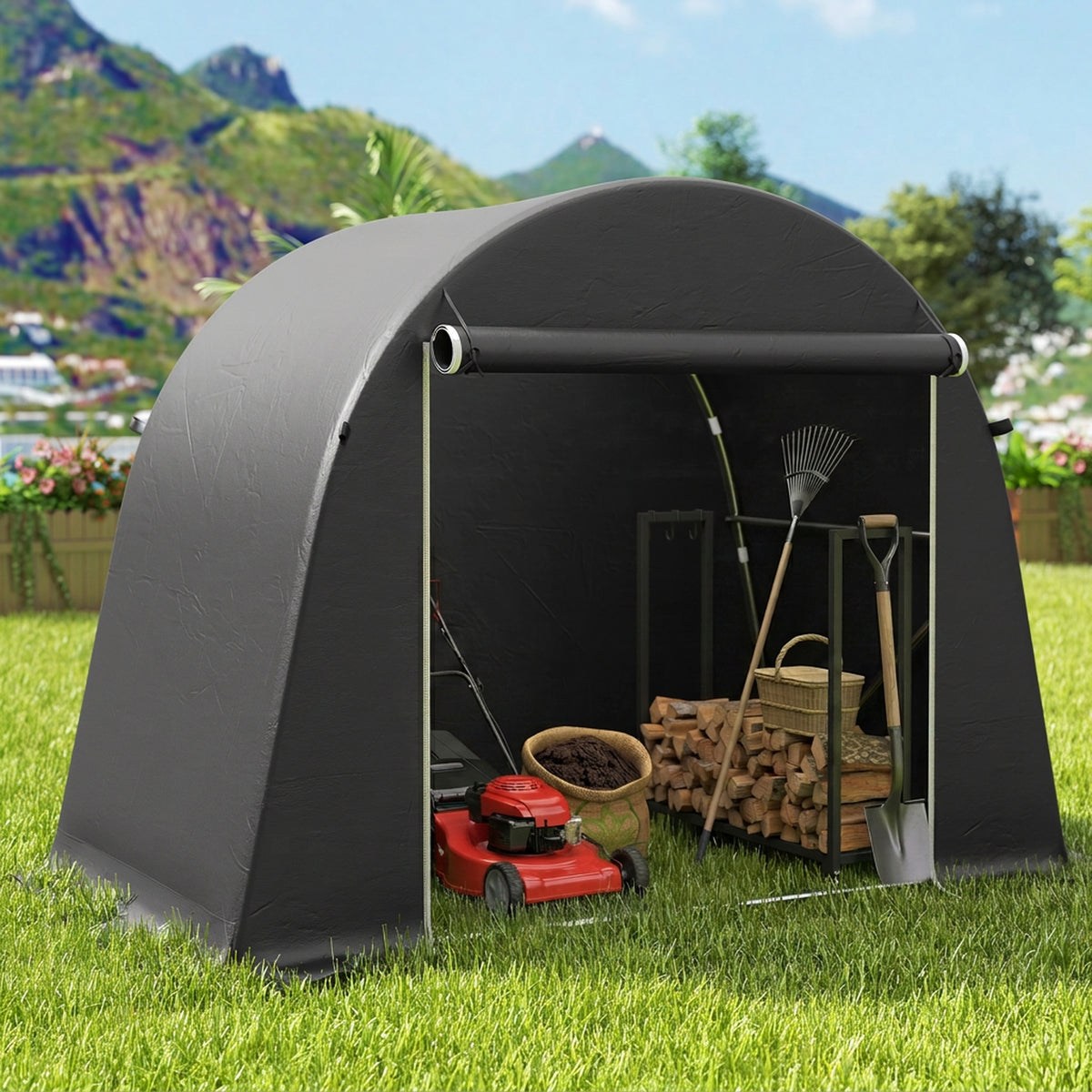 Abri de jardin tente de stockage étanche abri moto porte enroulable fermeture éclair, 245 x 120 x 200 cm, gris foncé