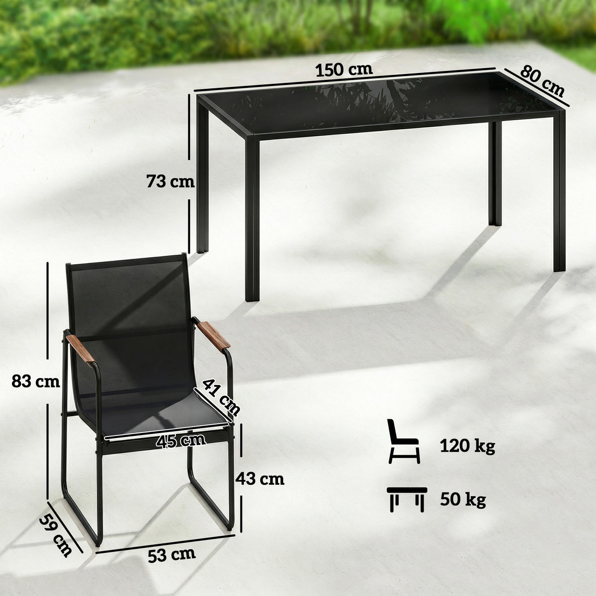 Ensemble de Salle à Manger d'Extérieur 7 Pièces pour 6 Personnes, Table en Verre et Chaises avec Accoudoirs Décoratifs, Maille Résistante aux Intempéries, Noir