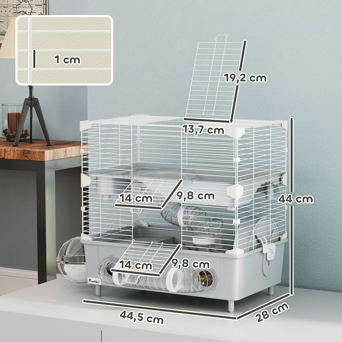Gabbia per criceti a 2 livelli con ruota, bagno di sabbia per criceti nani 44,5 x 28 x 44 cm grigia