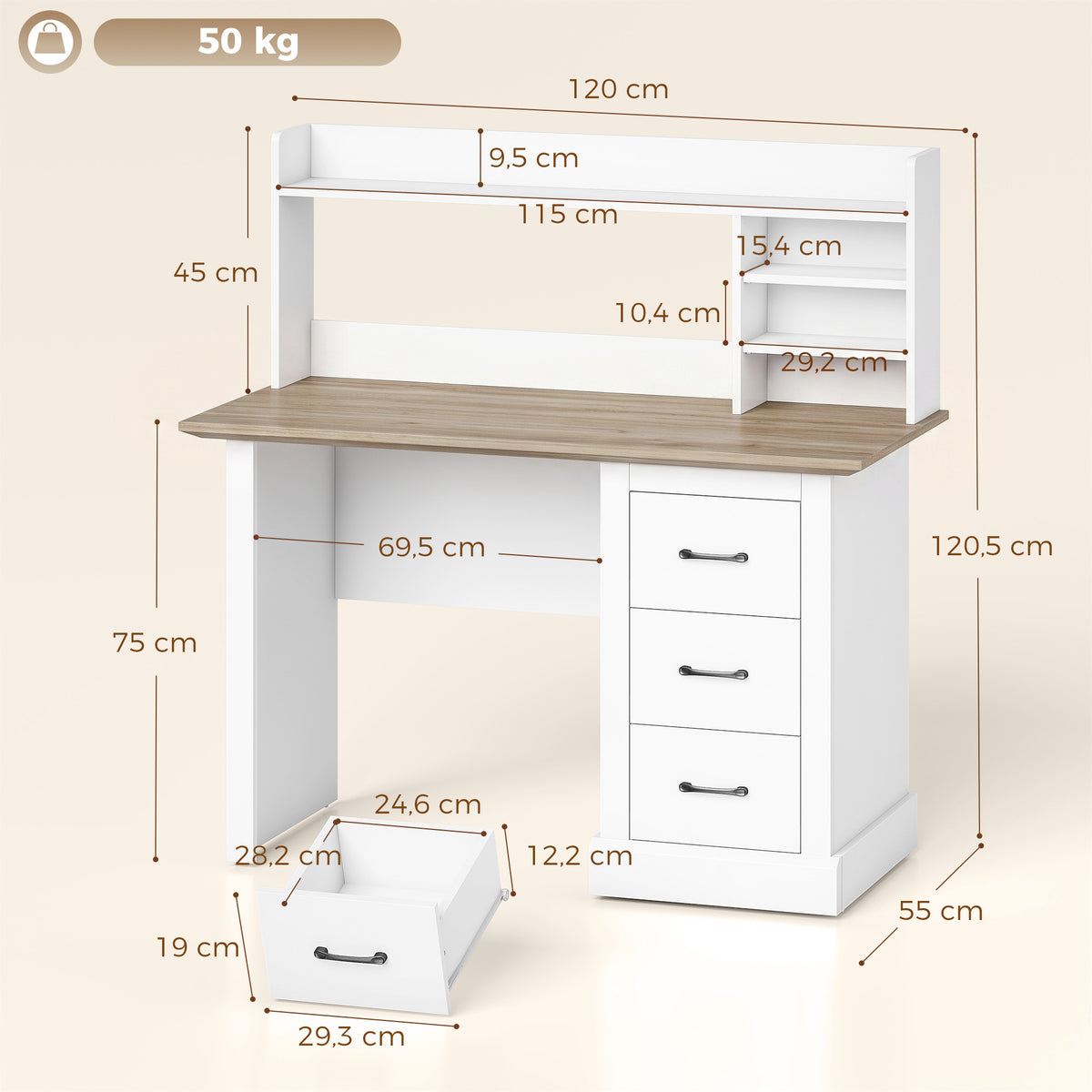 Bureau Informatique avec 3 Tiroirs, 120x55cm, Bureau avec Rangement, Étagères Ouvertes et Large Plateau, Chêne et Blanc