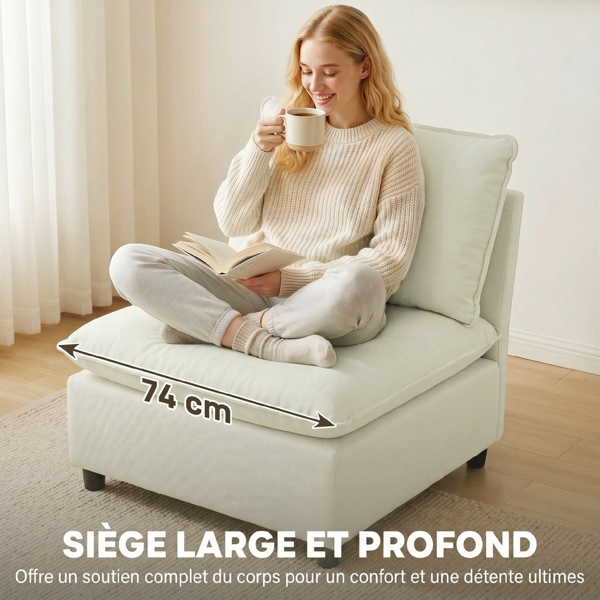 Fauteuil de salon, canapé 1 place moderne sans accoudoirs avec assise large, coussins épais, 146x85x78cm, crème