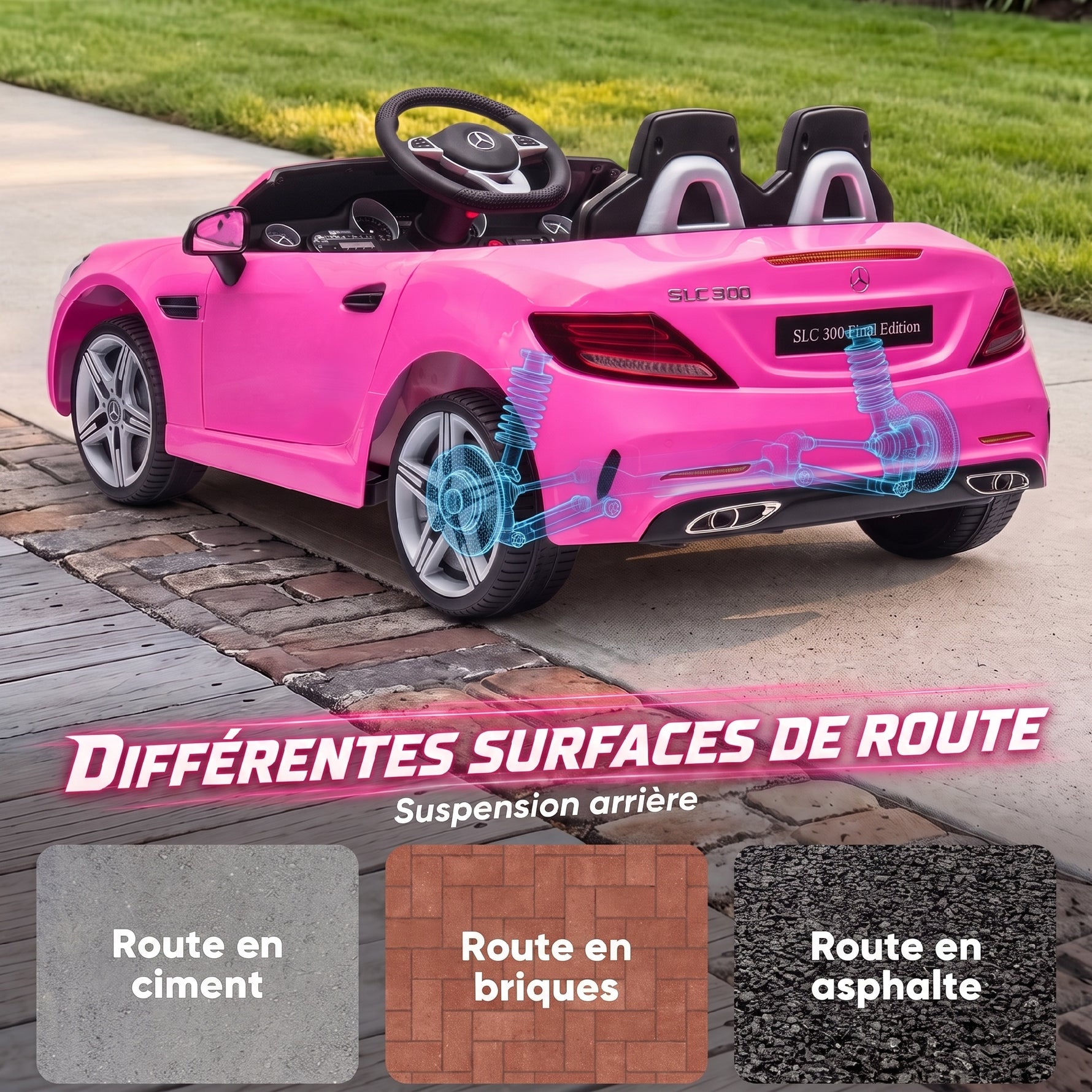 Voiture électrique enfants licence Mercedes SLC 300 12V V. Max. 5 Km/h effets sonores lumineux télécommande rose