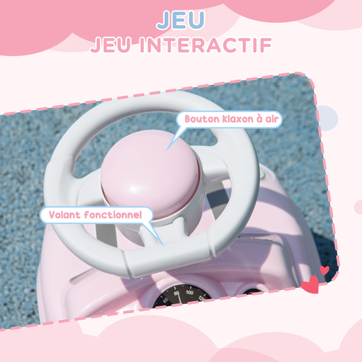 Porteur Enfants Voiture 18-36 Mois Volant klaxon et Butée Anti-bascule Charge 25 kg 53x25x35 cm Rose