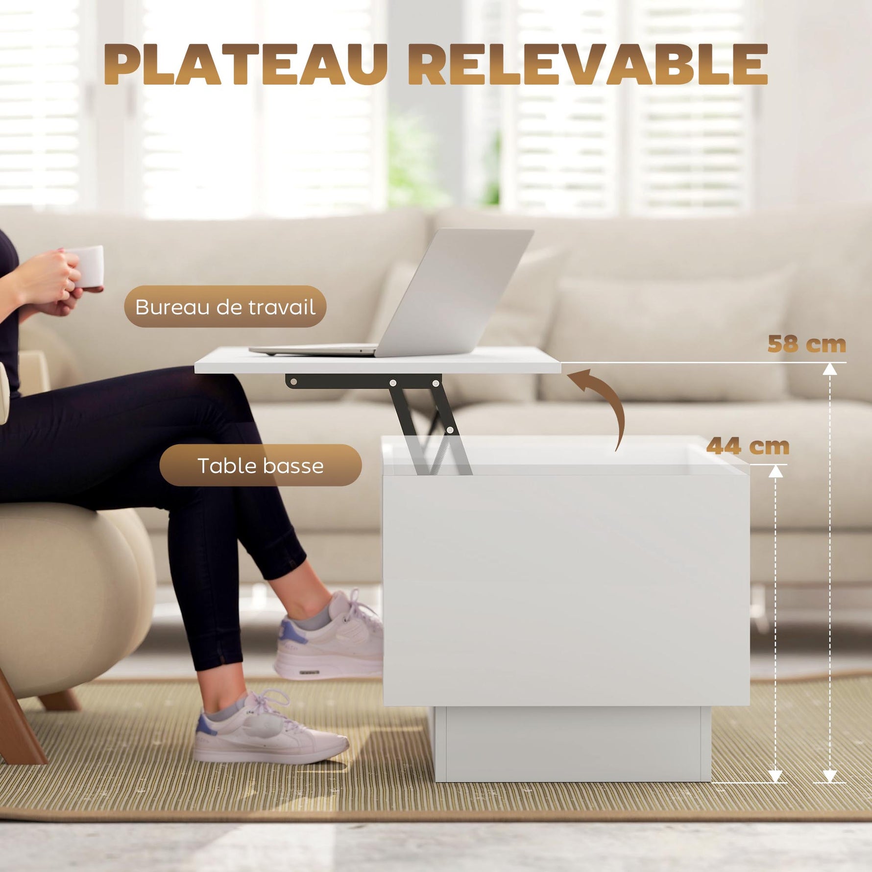 Table basse relevable, table de salon avec compartiment caché et 2 tiroirs, 100 x 50 x 44 cm, blanc