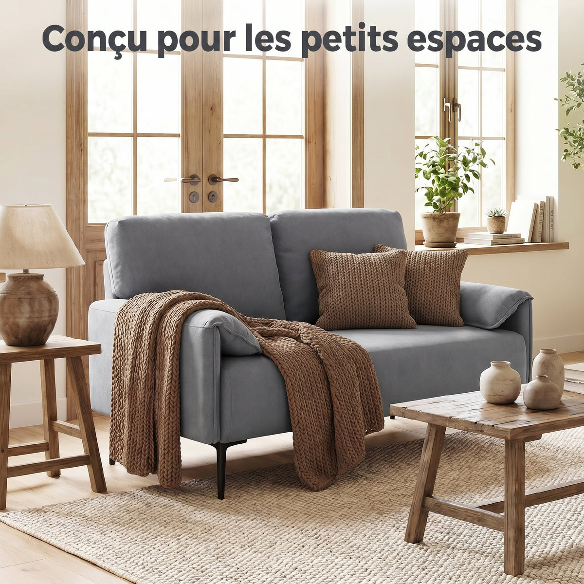 Canapé 2 Places, Canapé de Salon Rembourré avec Accoudoirs Matelassés, Effet Velours, 127 x 72 x 84 cm, Gris