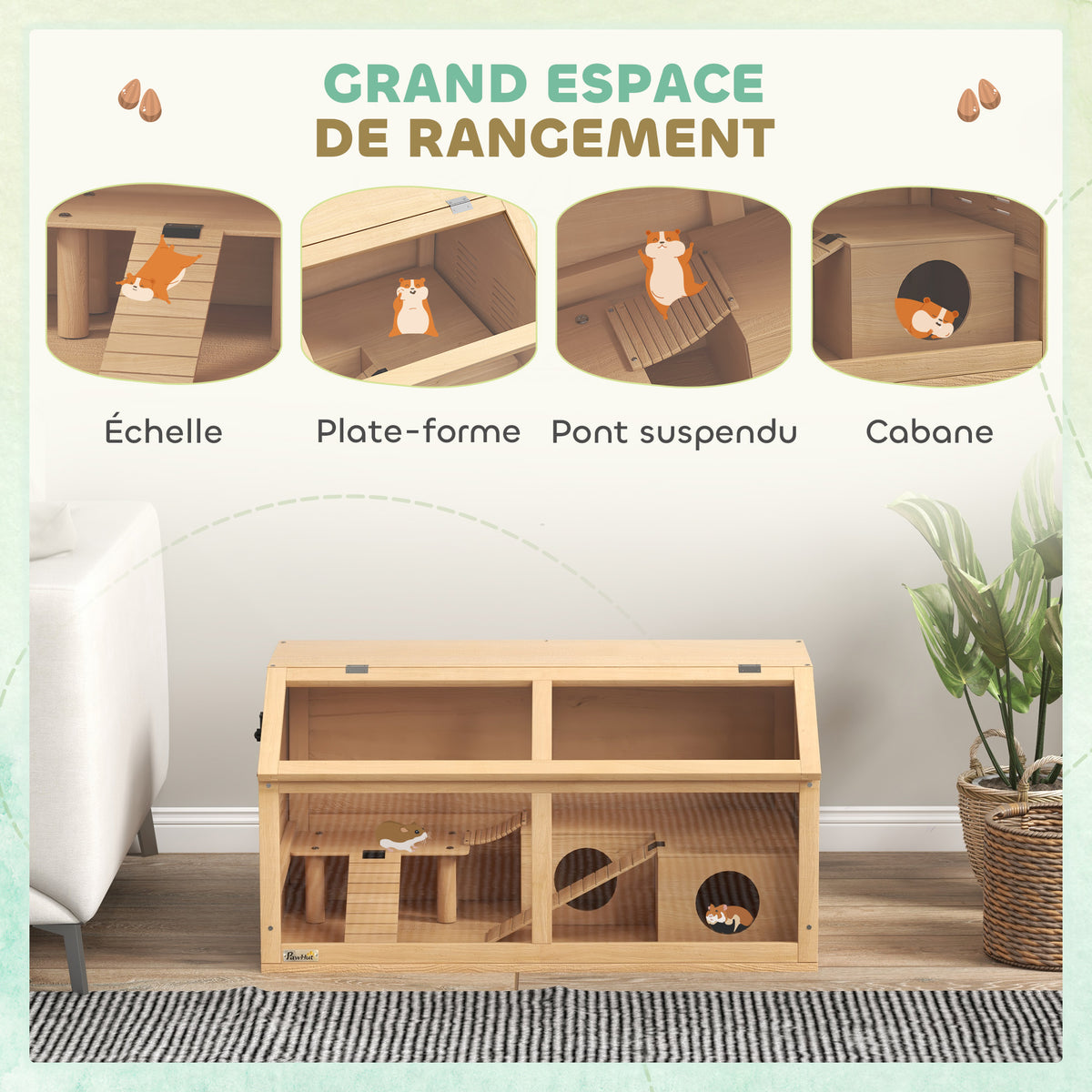 Cage hamster en bois habitat grand pour rongeur ventilation couvercle ouvrant et accessoires 85x45x44cm bois naturel