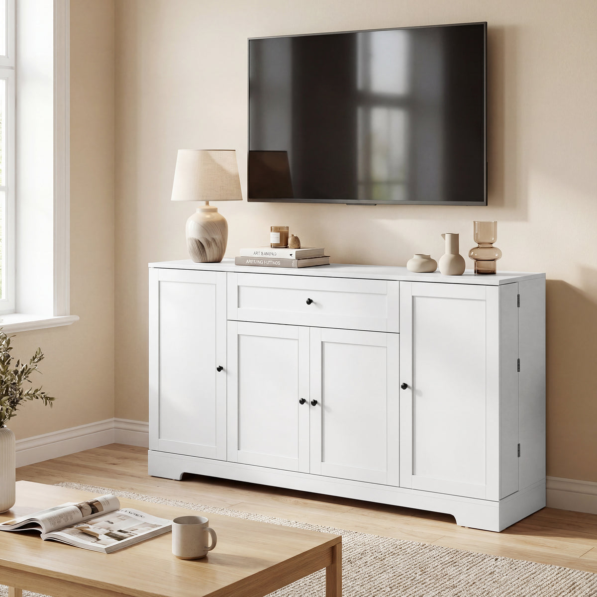 Buffet cuisine, meuble de rangement avec tiroir, 4 portes à fermeture douce, racks-porte et étagères réglables, blanc