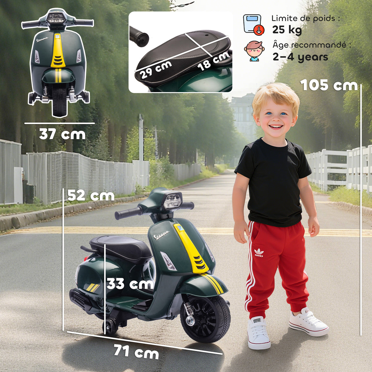 Moto électrique enfants 6 V, voiture électrique enfants avec Roues d'Apprentissage, 2-4 Ans, 71 x 37 x 52 cm, vert foncé