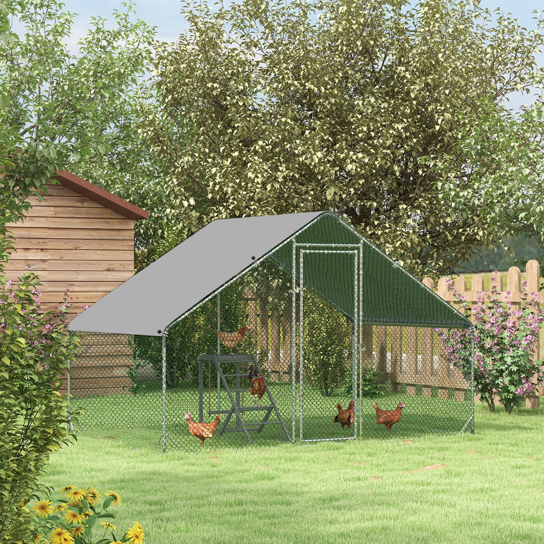 Enclos pour Poules XXL 6 m² - Grand Parcours Extérieur en Acier Galvanisé 3x2x2m - Volière de Jardin Anti-renard avec Bâche de Toit pour 4-6 Poules, Canards ou Lapins, Gris