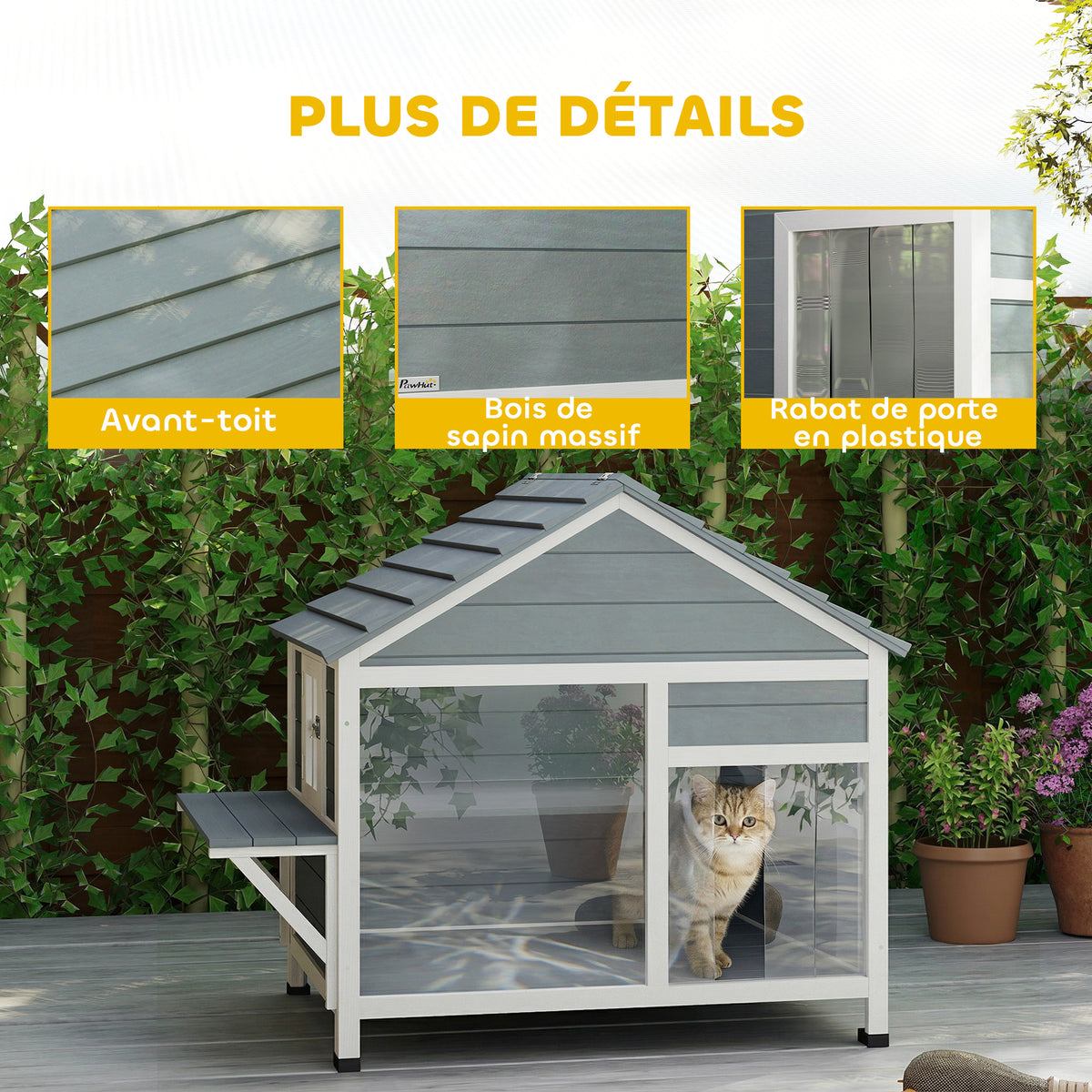 Maison pour Chat Extérieur Toit Ouvrant Fenêtre Panoramique Porte à Lamelles et Plateforme de Repos 101x72,5x81cm Gris