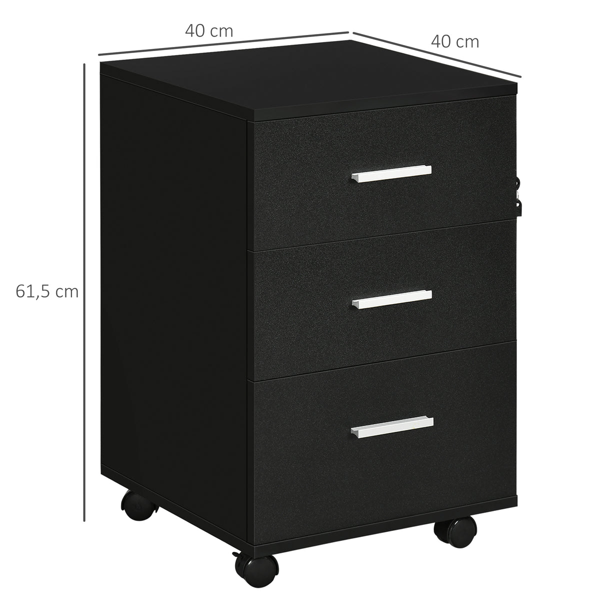 Caisson de Bureau Rangement Bureau sur Roulettes 3 Tiroirs Verrouillables 40 x 40 x 61,5 cm Noir