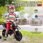 Elektro-Motorrad für Kinder mit offizieller Aprilia-Lizenz, 2 Motoren 12V, Stützräder, LED-Licht, Musik – rot