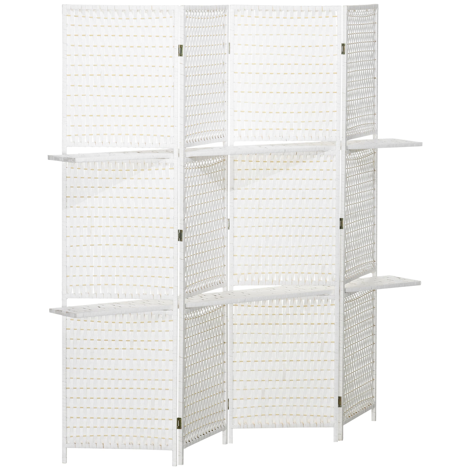 Séparateur de pièces 4 panneaux 2 étagères pliables blanc paille