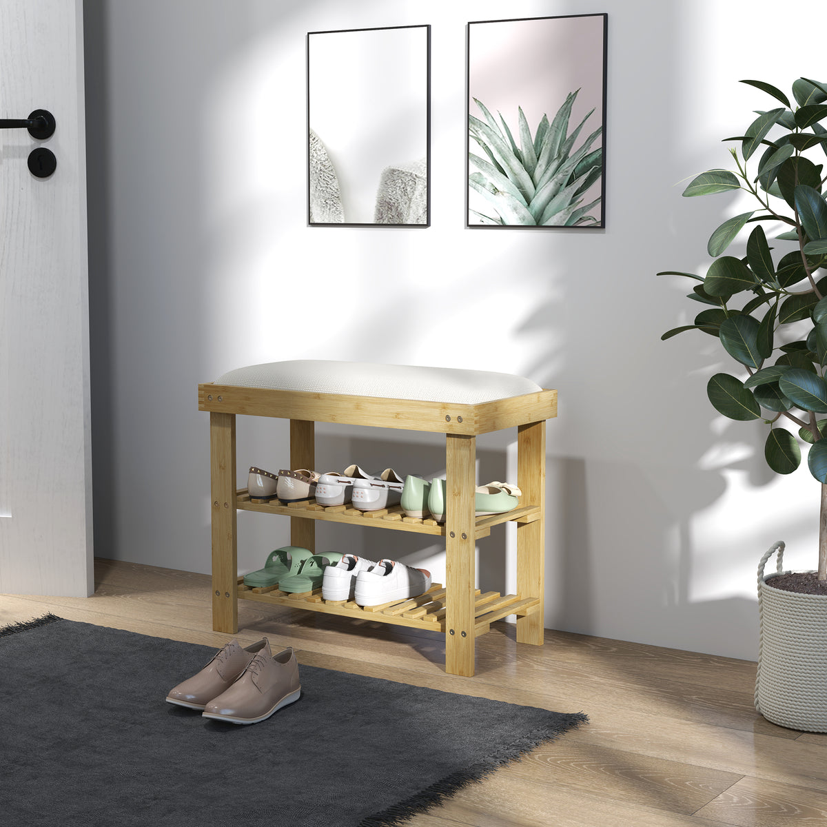 Banc à chaussures en bambou, étagère à chaussures à 3 niveaux, style scandinave, 60 x 29 x 49 cm, crème et bois naturel