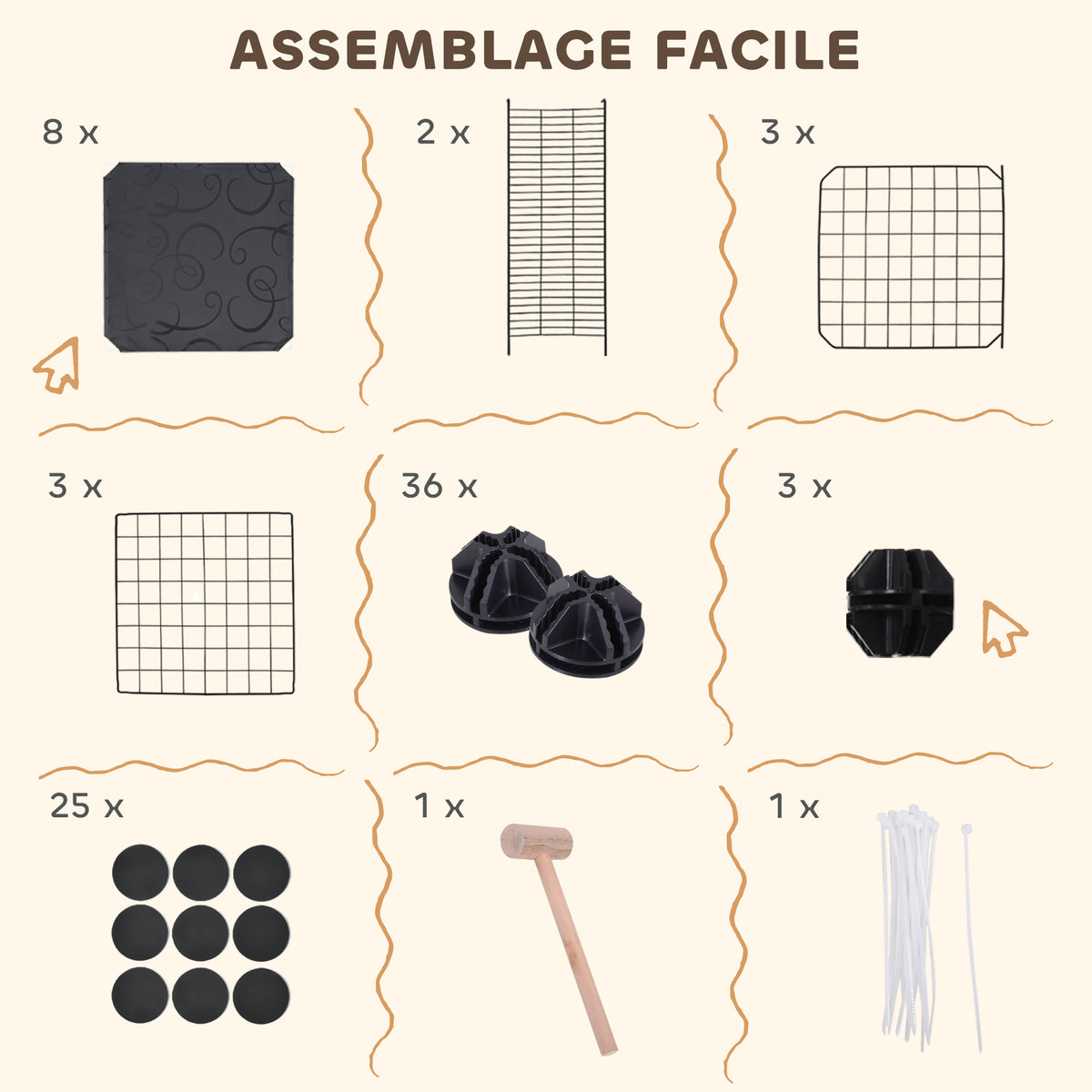 Enclos pour petits animaux, cage à lapin modulable 3 niveaux, 39 panneaux avec  rampes, en métal, 70 x 70 x 105 cm, noir