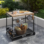 Desserte de jardin chariot pour plancha barbecue en bois et métal avec poignée 2 plateaux 2 paniers et porte-bouteilles