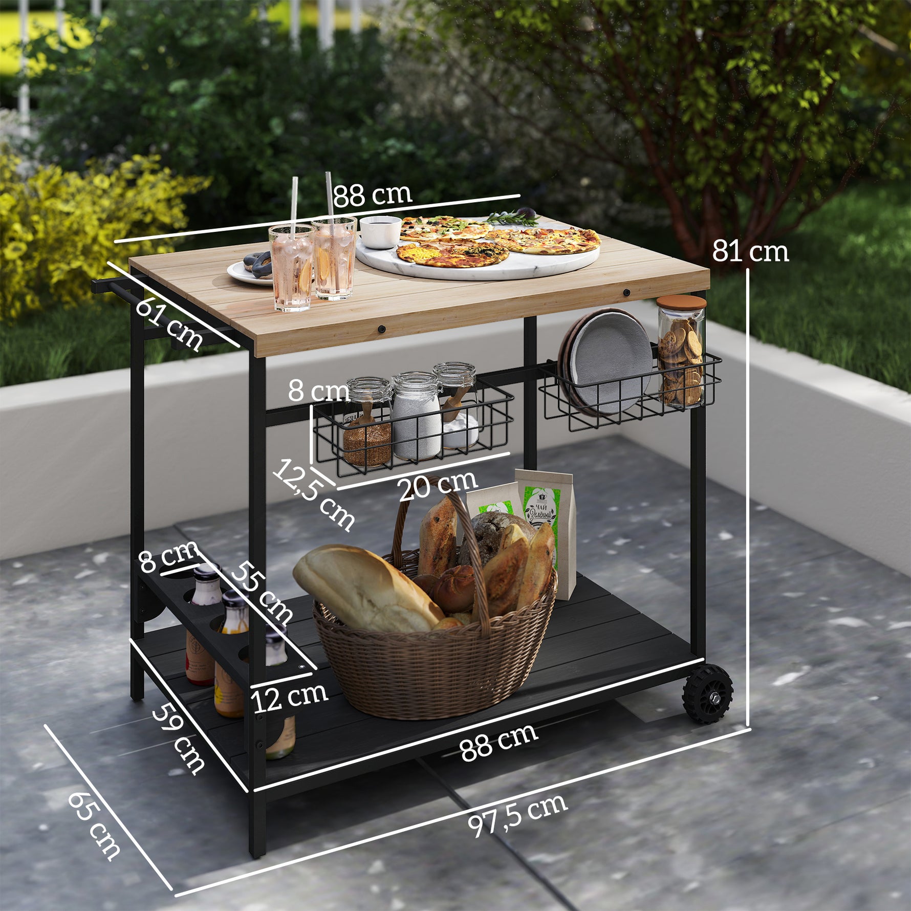 Desserte de jardin chariot pour plancha barbecue en bois et métal avec poignée 2 plateaux 2 paniers et porte-bouteilles