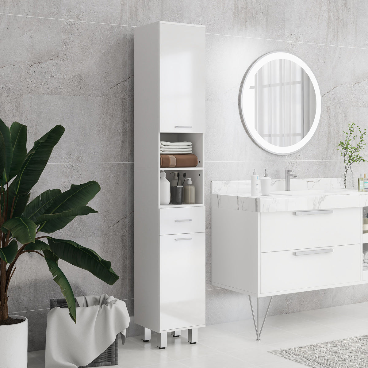 Meuble colonne salle de bain avec étagères réglables et compartiments ouverts, 30x30x180cm, blanc brillant