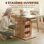 Mesa de comedor rectangular extensible para 4 a 6 personas, mesa de cocina de 110-130 cm, 6 estantes abiertos, madera natural