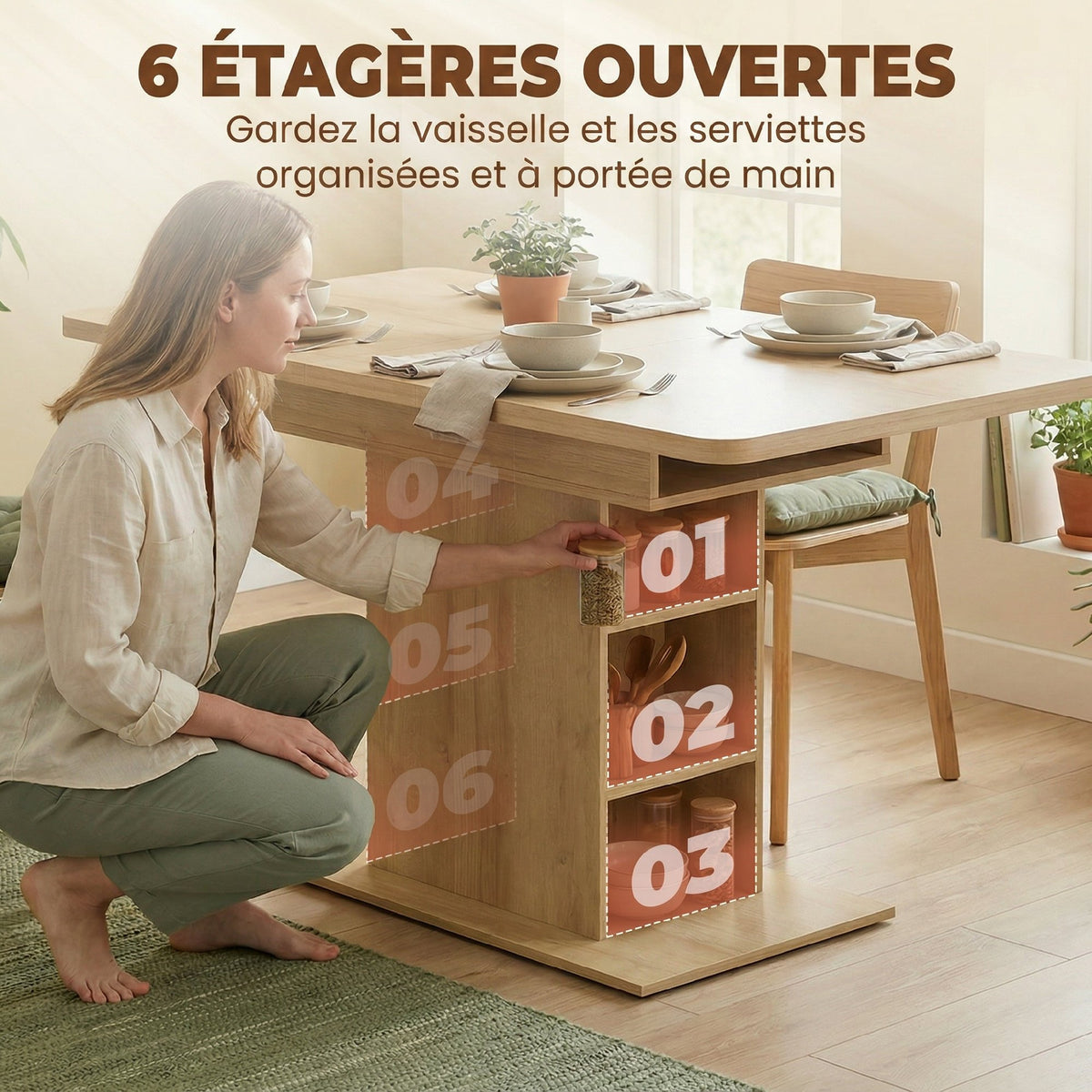 Mesa de comedor rectangular extensible para 4 a 6 personas, mesa de cocina de 110-130 cm, 6 estantes abiertos, madera natural