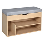 Scarpiera a panca con 2 ripiani, vano a giorno + contenitore integrato con cuscino beige grigio