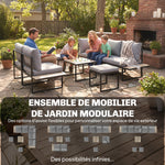 Salon de jardin extérieur 6 personnes modulable table basse et plateaux latéraux en bois PSPC coussins épais 10cm gris