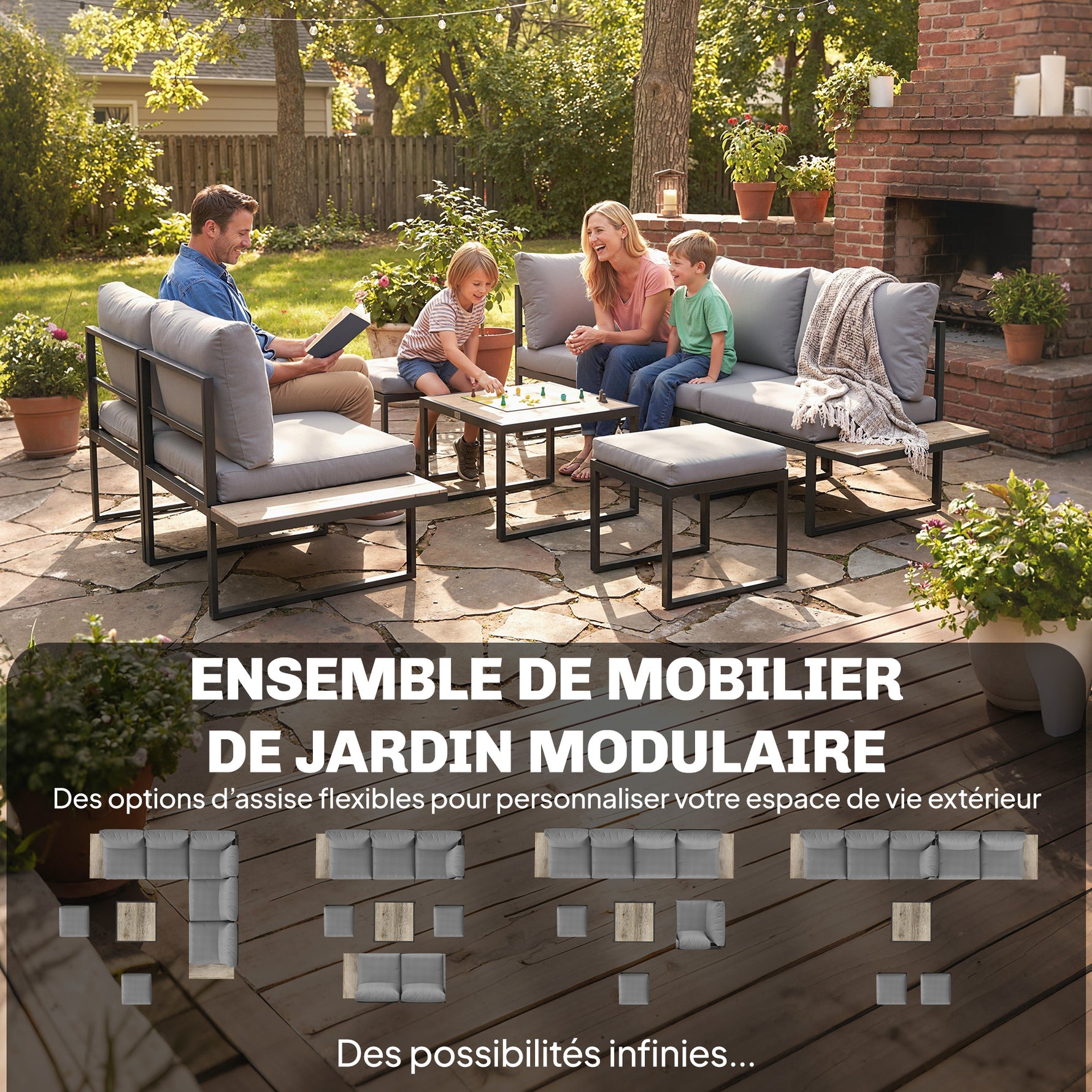 Salon de jardin extérieur 6 personnes modulable table basse et plateaux latéraux en bois PSPC coussins épais 10cm gris