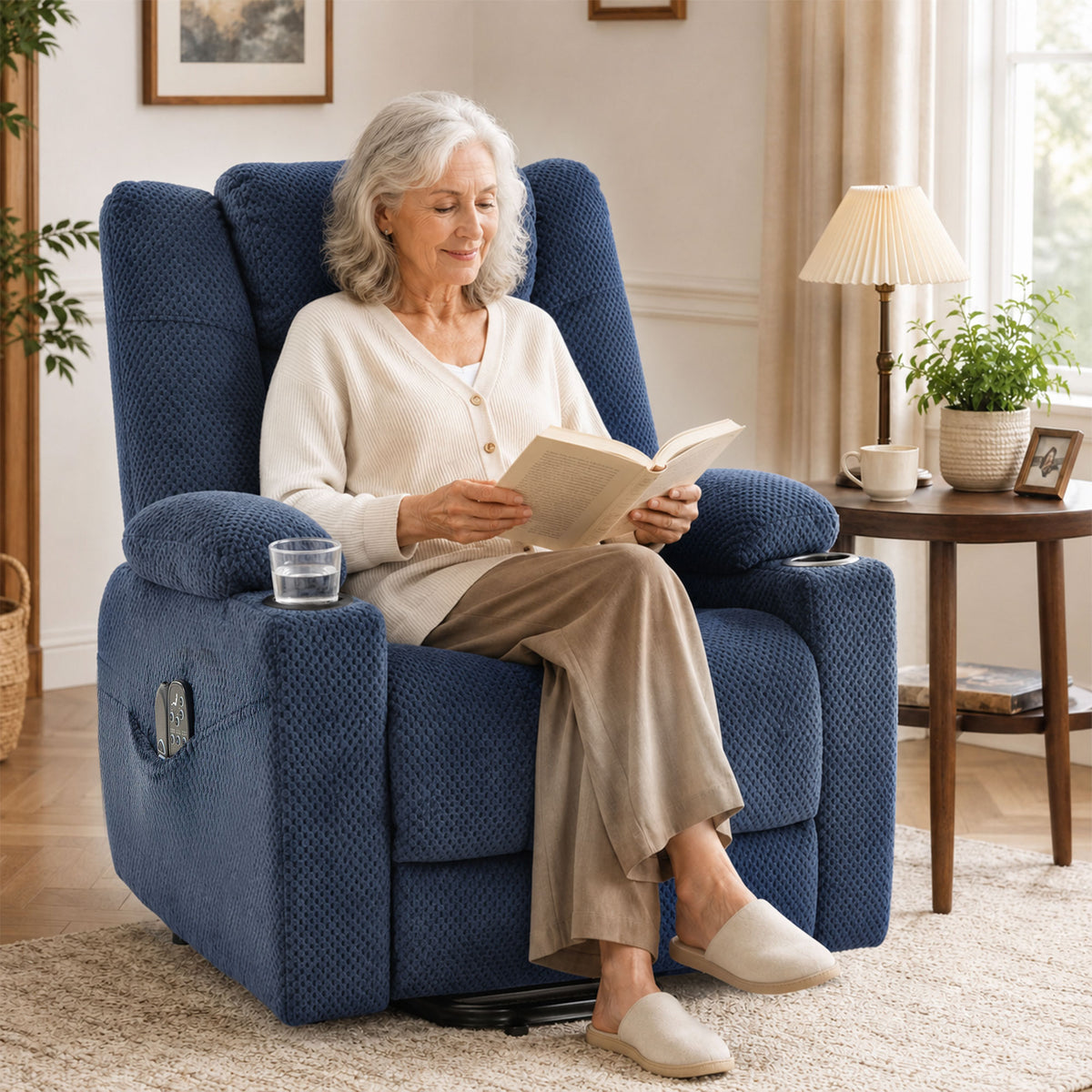 Fauteuil Releveur Électrique Massage Vibration et Chaleur, Fauteuil Relax Électrique en Velours, Dossier Inclinable Bleu
