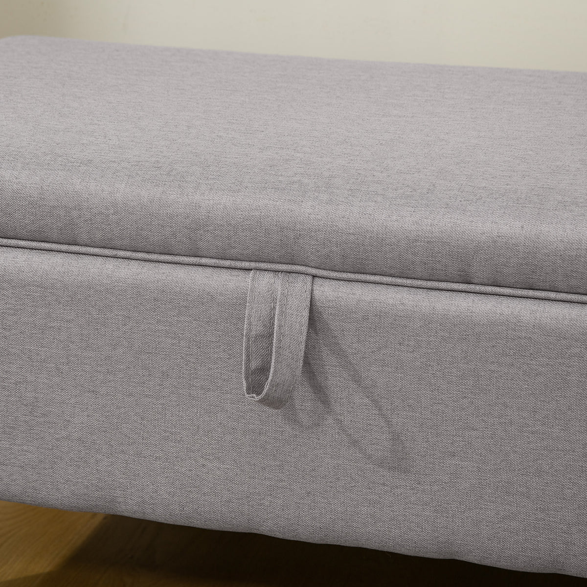 Banc de rangement, bout de lit, repose-pieds rembourré en lin avec pieds en bois de caoutchouc, 71x37x36cm, gris clair