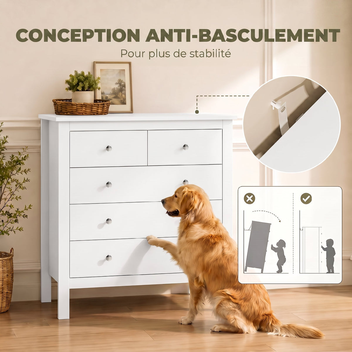 Commode à 5 tiroirs, meuble de rangement, avec poignées, glissières métalliques,  en bois, 79l x 39,5P x 80,5H cm, blanc