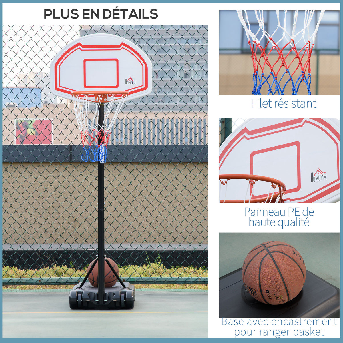 Canestro da basket da esterno con palo e tabellone, base zavorrabile su ruote, altezza regolabile 2,1-2,6 m - acciaio, nero bianco e rosso