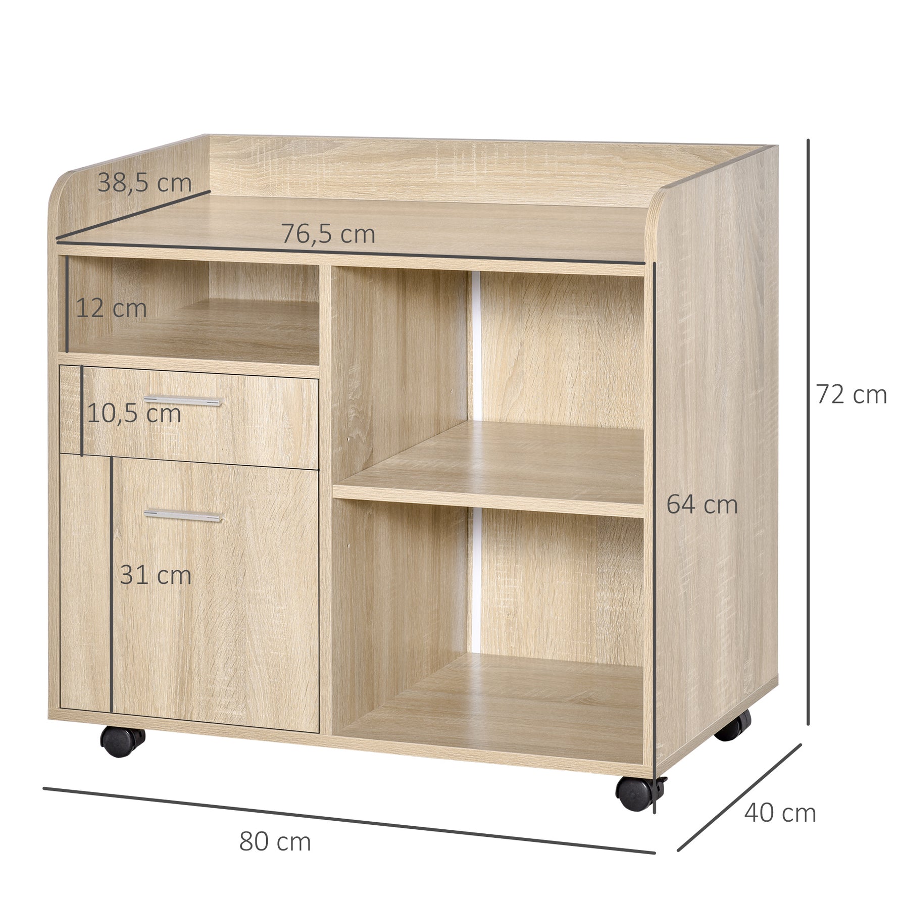 Support d'imprimante - Caisson d'organisation de Bureau Roulant - Dim. 80l x 40P x 72H cm en Bois Chêne clair
