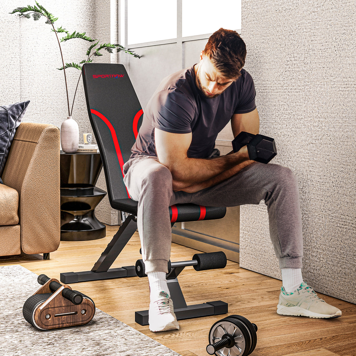 Klappbare Hantelbank, verstellbare Trainingsbank für das Ganzkörpertraining, 82 x 35 x 42,5-107 cm, Stahl, schwarz