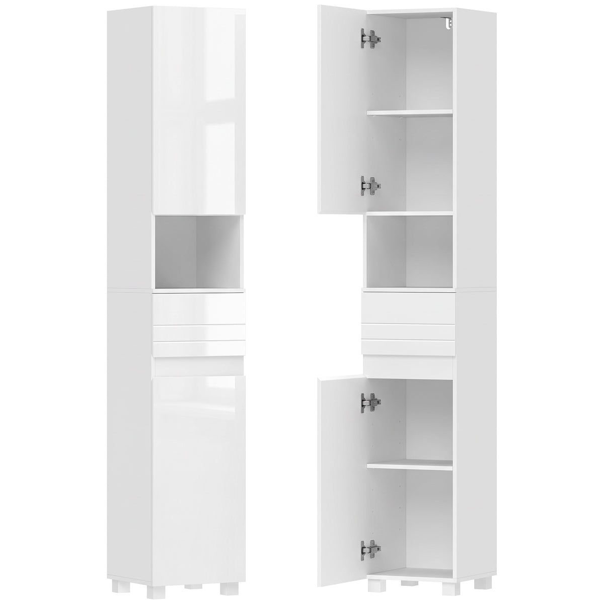 Badezimmerschrank, 2 Türen, Schublade, offenes Fach, verstellbare Einlegeböden, für Wohnzimmer, Schlafzimmer, 30x30x170cm, Weiß