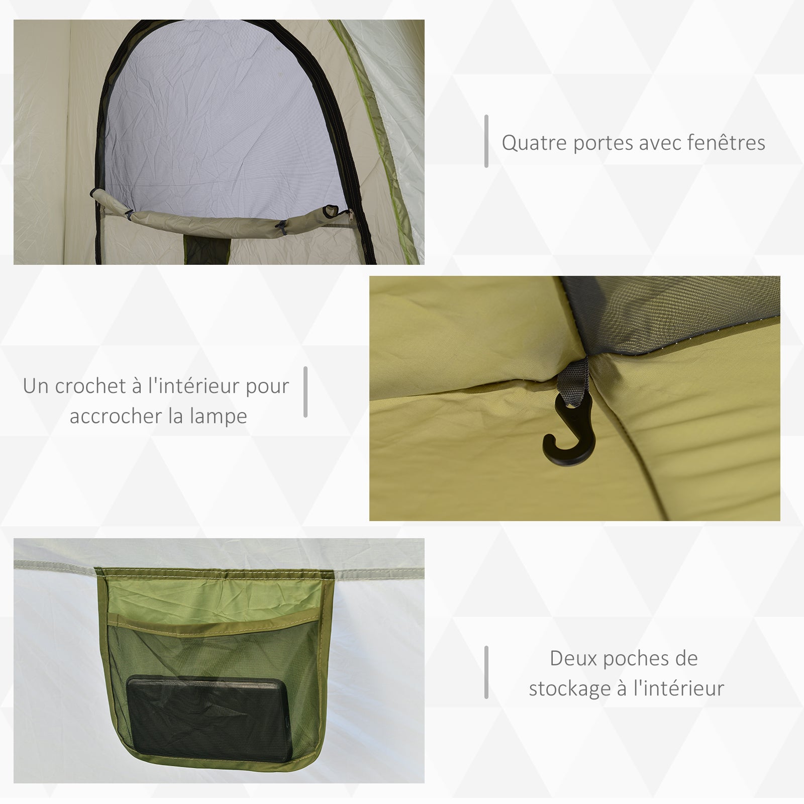 Tente de camping pop-up 3 personnes, dôme familiale avec 4 portes, 4 fenêtres et sac de transport – Vert et gris