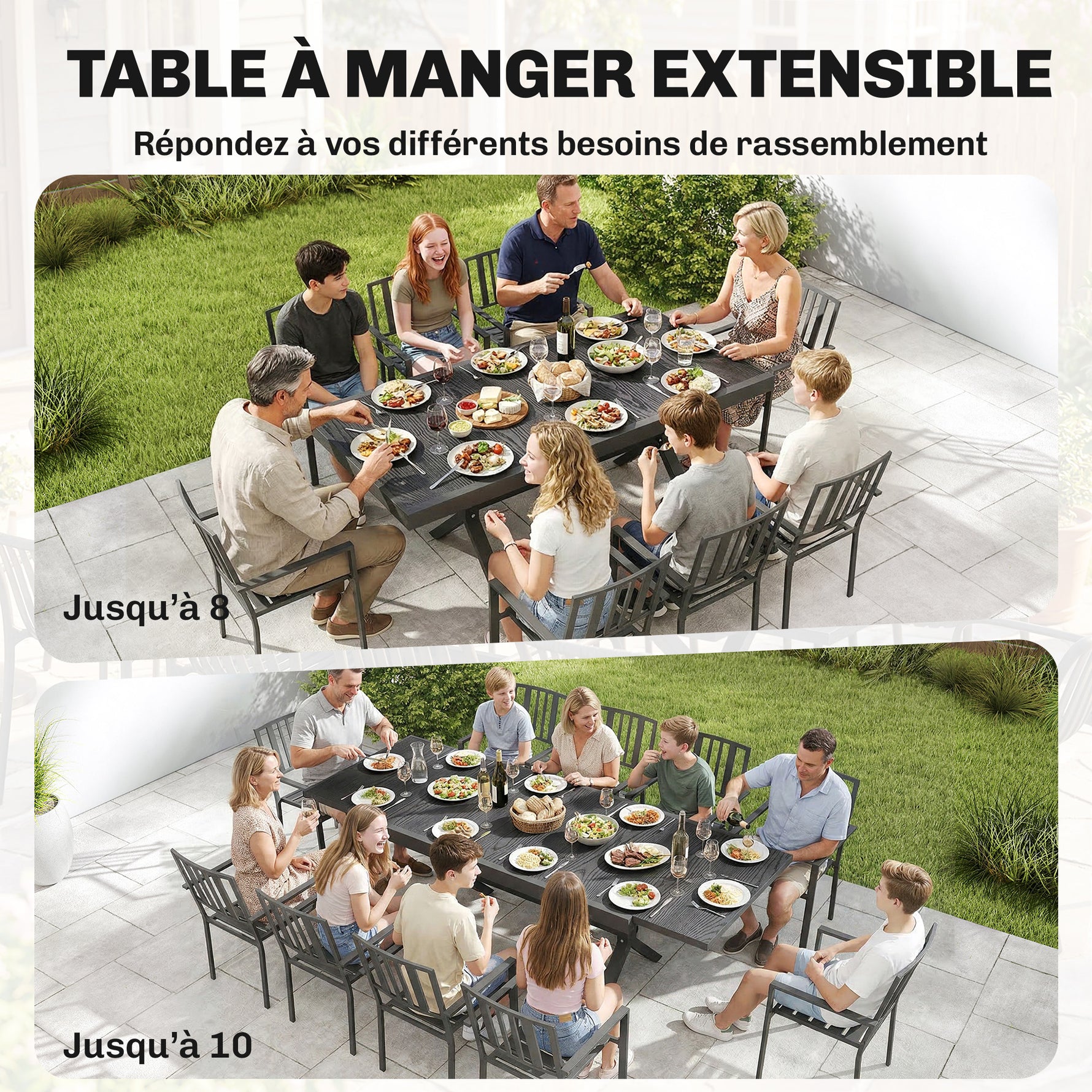 Table de Jardin Extensible Aluminium Table de Repas Extérieure Effet Bois 8-10 Personnes 214x85x73cm Gris Anthracite