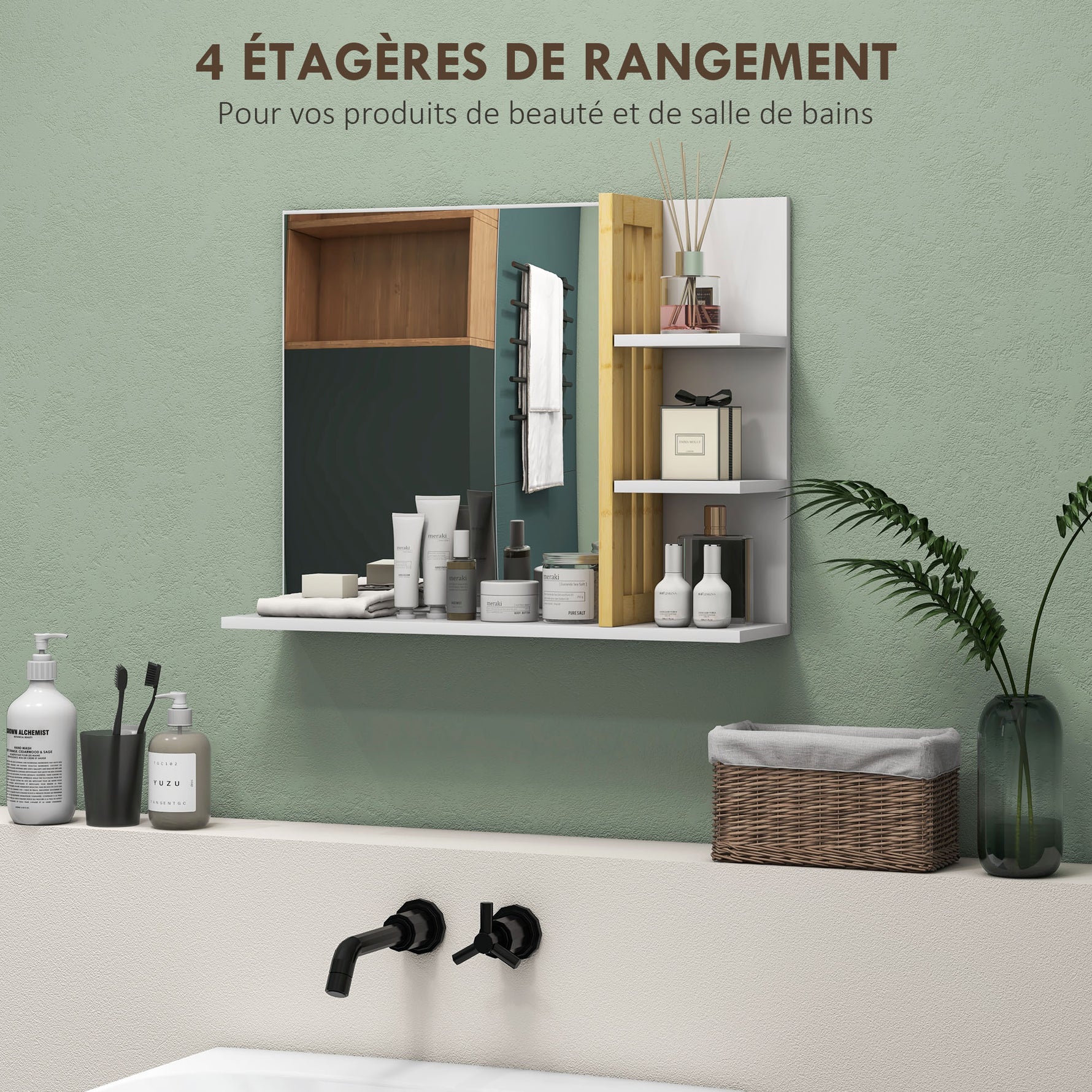 Miroir mural de salle de bain avec 3 étagères latérales 1 étagère inférieure en bambou 45 x 15 x 58,5 cm blanc