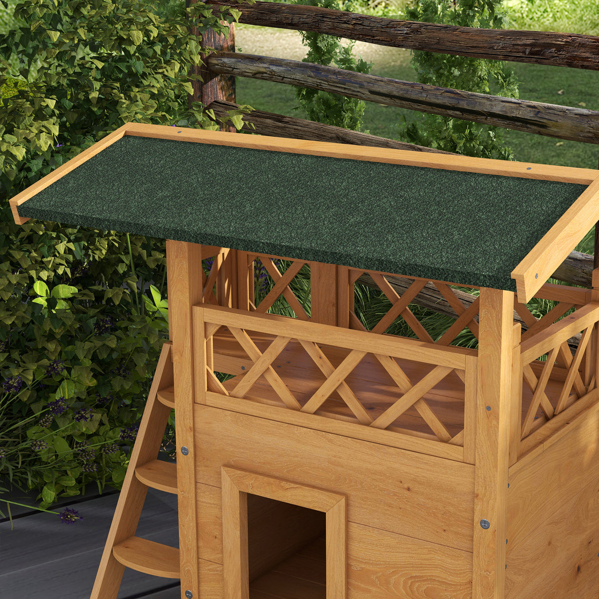 Cabane Chat Extérieur avec Terrasse, Escalier, Toit, Niche Villa, 77 x 50 x 73 cm Bois Naturel et Vert