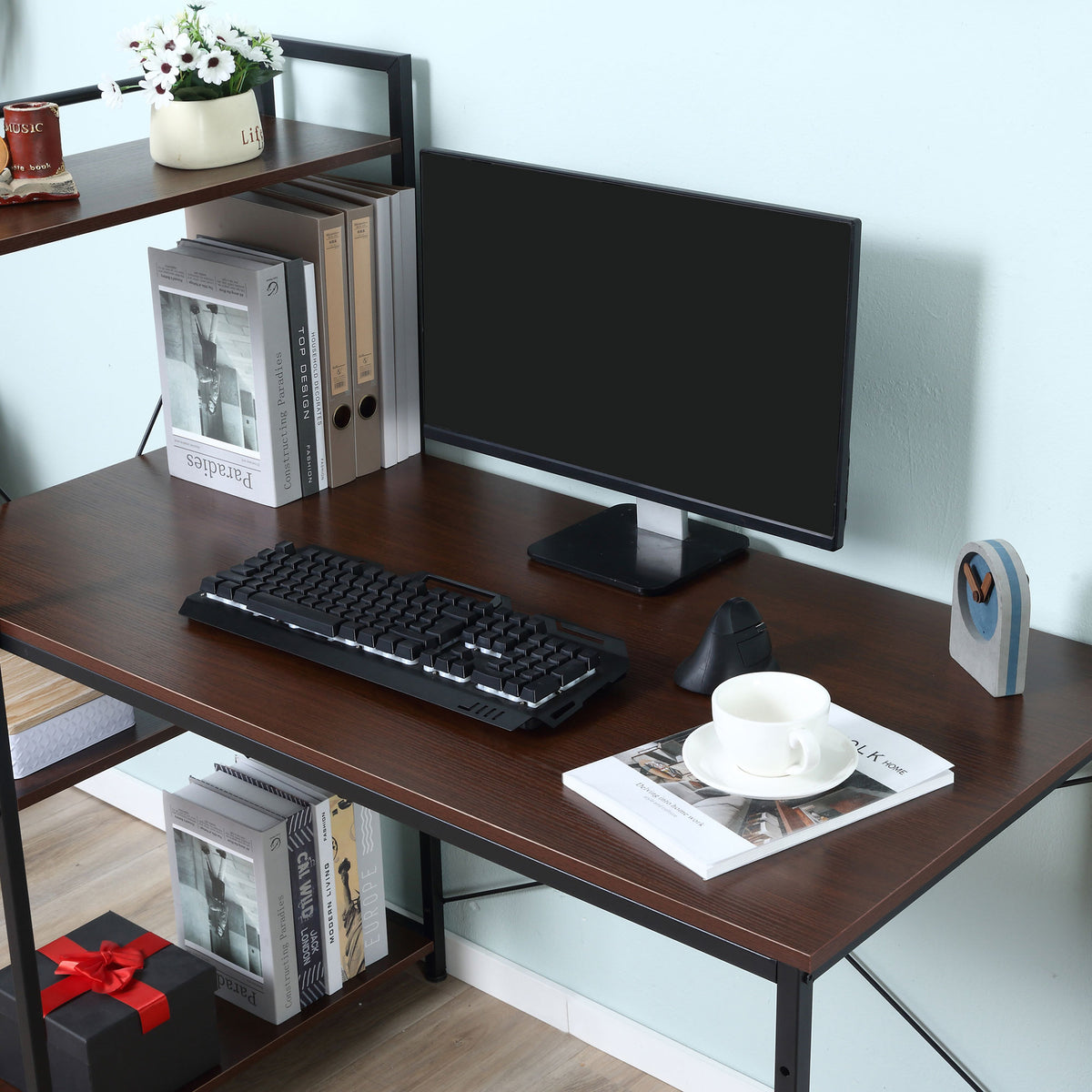 Bureau d'angle avec rangement design Industriel avec bibliothèque 3 étagères panneaux particules aspect noyer