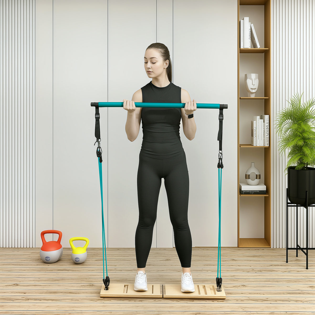 Pilates-Stangen- und Widerstandsband-Set mit verstellbarem Schrägbrett, Trainingsgerät blau